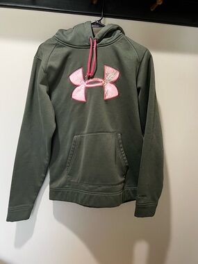 Under Armour Olive Green Hoodie with Pink Logo and Drawstrings